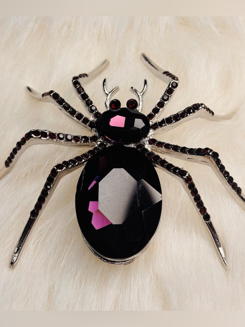 Large Dark Purple Crystal Spider Brooch Red Rhinestone Statement Pin